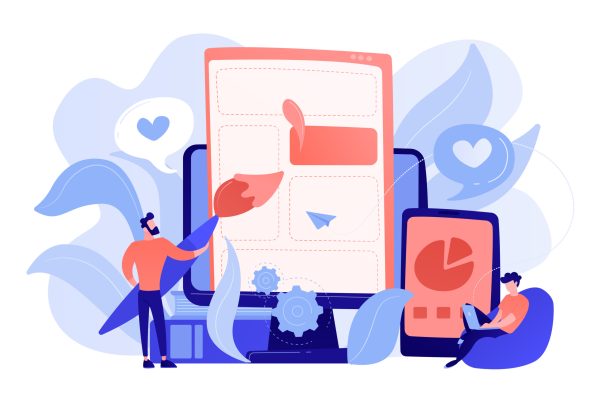 People drawing web page elements on the smartphone and LCD screen. Front end development it concept. Software development process. Pinkish coral blue palette. Vector illustration on white background